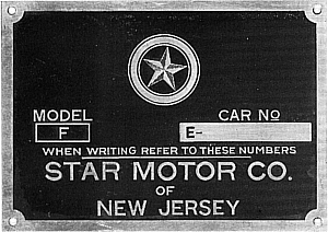 Body data plate of a Star model F built by Star Motor Co. of New Jersey, with the E car-number prefix