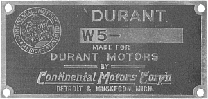 Continental engine identification plate for a Durant, model W5